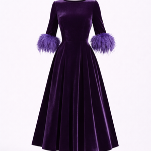 Rosalie Velvet Feather-Cuff Midi Dress
