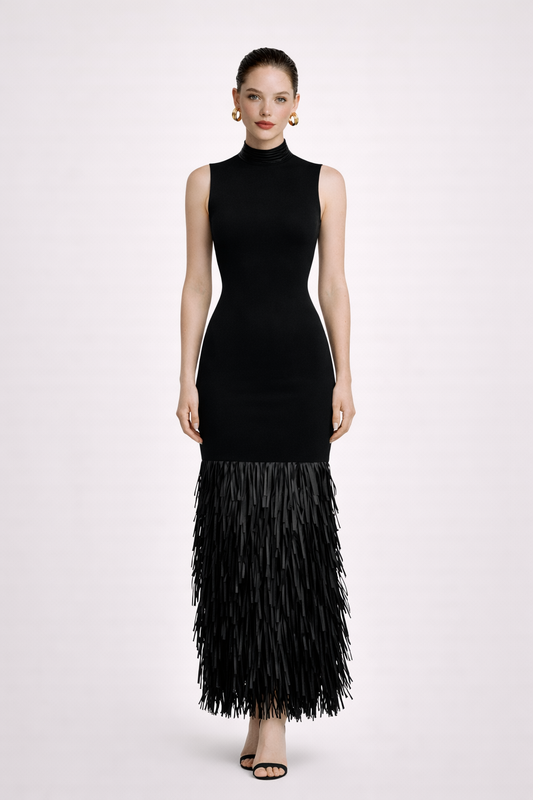 Raven Feather-Hem Backless Midi Dress