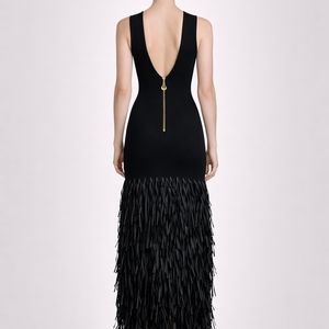 Raven Feather-Hem Backless Midi Dress