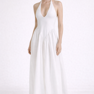 RIVIERA SWING DRESS — Plunging Halter Midi with Full Skirt