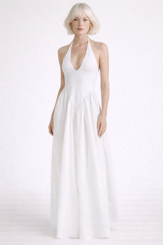 RIVIERA SWING DRESS — Plunging Halter Midi with Full Skirt