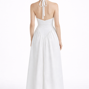 RIVIERA SWING DRESS — Plunging Halter Midi with Full Skirt