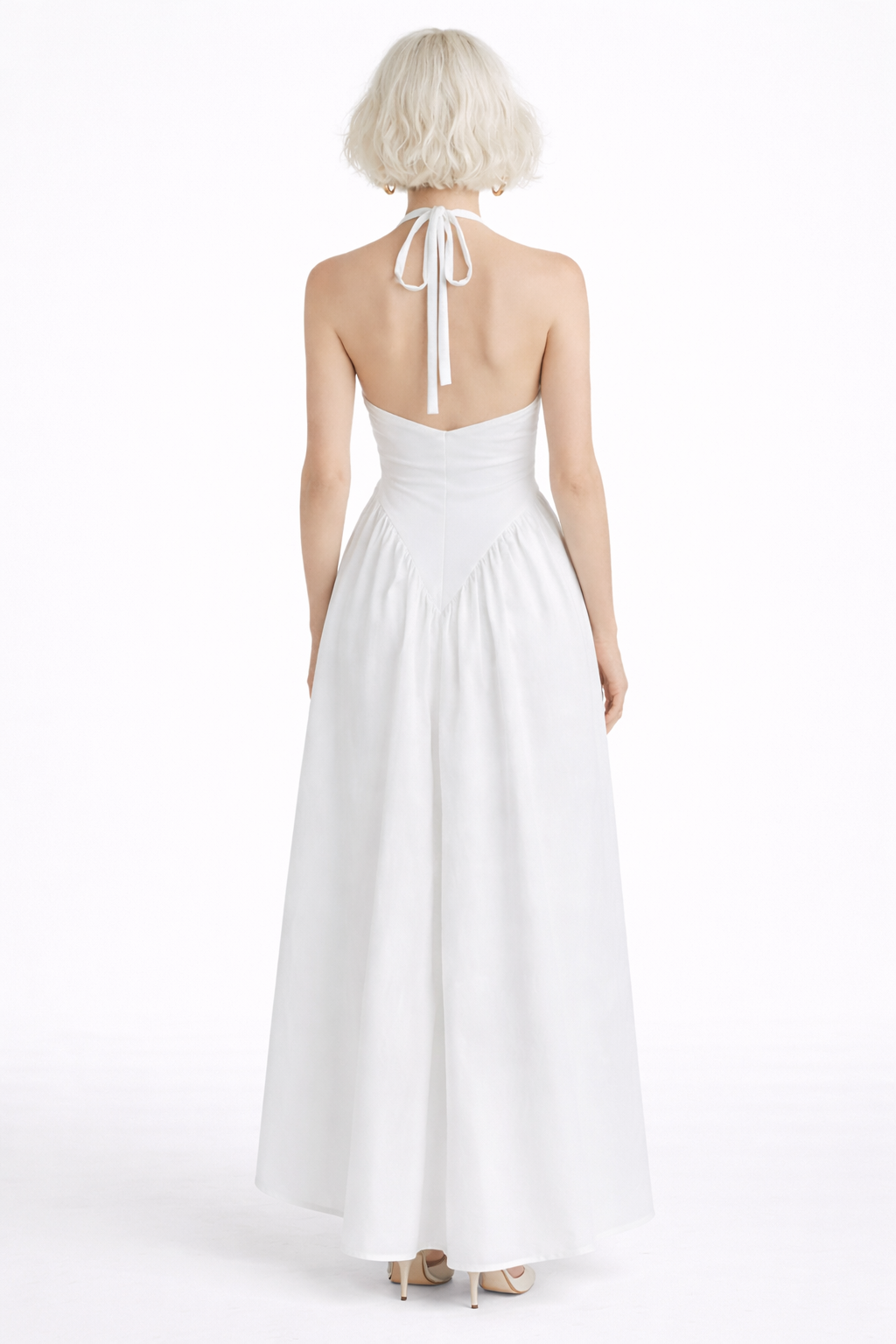 RIVIERA SWING DRESS — Plunging Halter Midi with Full Skirt