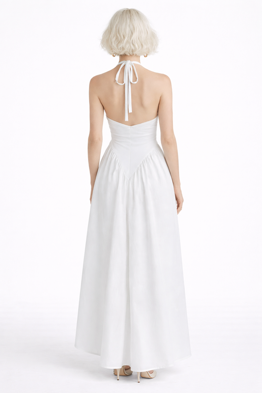 RIVIERA SWING DRESS — Plunging Halter Midi with Full Skirt