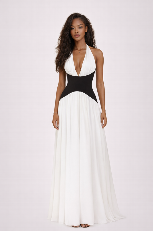 VITTORIA GOWN — Halter Neck Maxi with Sculpted Contrast Waist