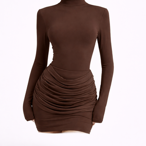 THE MOCHA RUCHED MINI — Long Sleeve High-Neck Bodycon
