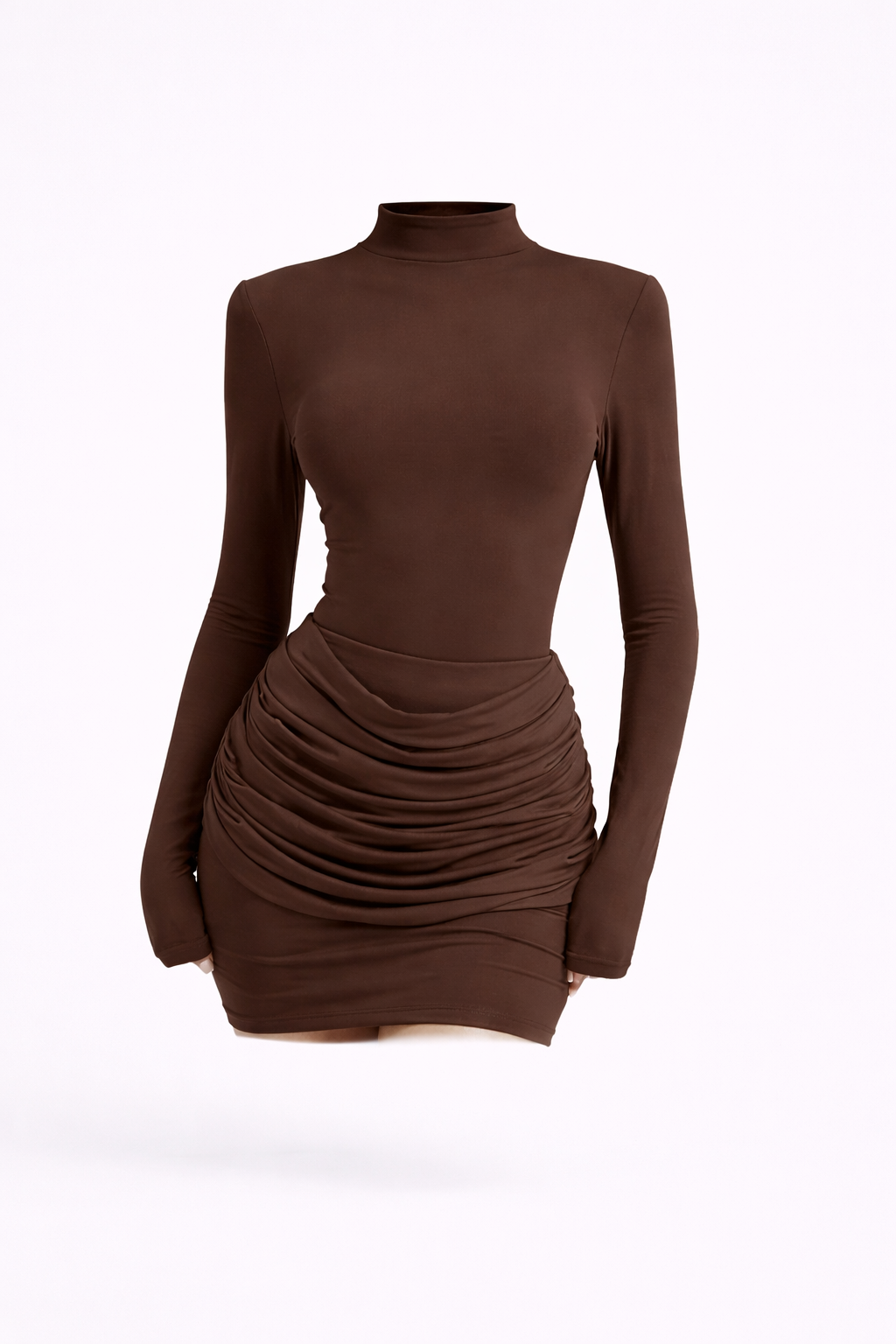 THE MOCHA RUCHED MINI — Long Sleeve High-Neck Bodycon