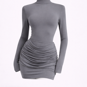 THE MOCHA RUCHED MINI — Long Sleeve High-Neck Bodycon