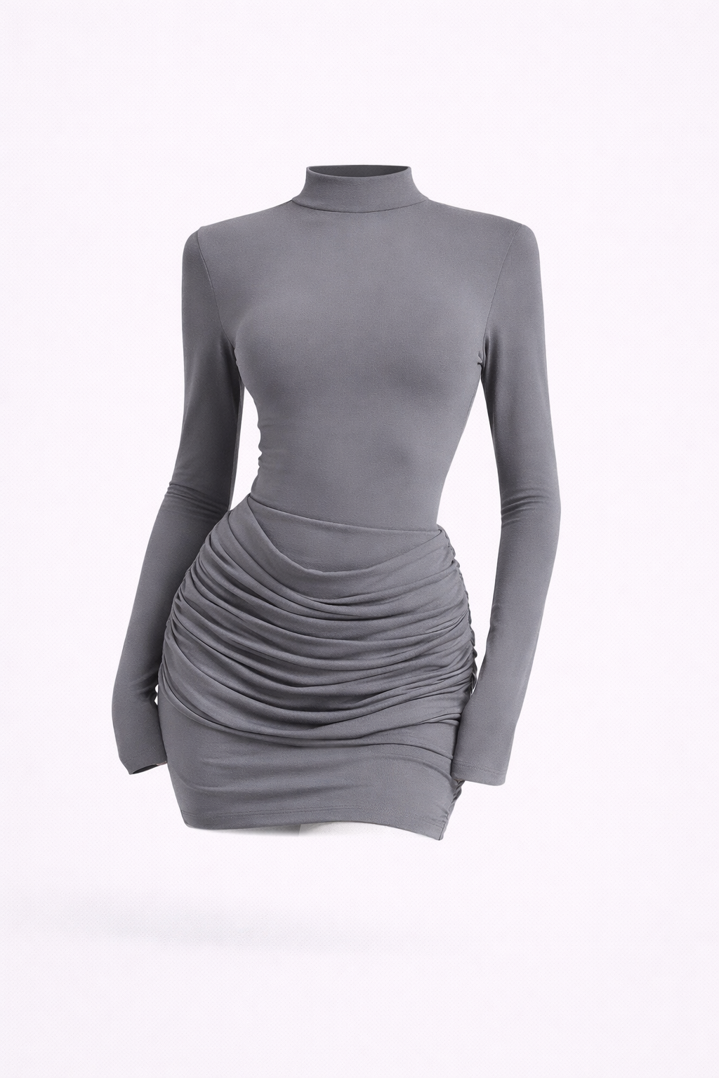 THE MOCHA RUCHED MINI — Long Sleeve High-Neck Bodycon