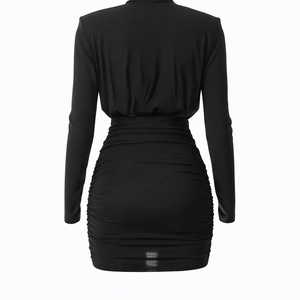 Arden Dress  — High-Neck Ruched Mini with Draped Bodice