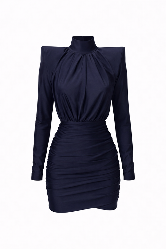 Arden Dress  — High-Neck Ruched Mini with Draped Bodice
