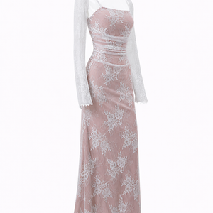 ALESSANDRA GOWN — Ruched Lace Maxi with Detachable Mesh Sleeves