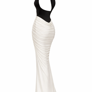 HARLOW DRESS — Halter Open-Back Contrast Maxi
