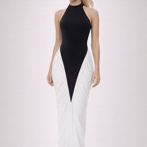 HARLOW DRESS — Halter Open-Back Contrast Maxi