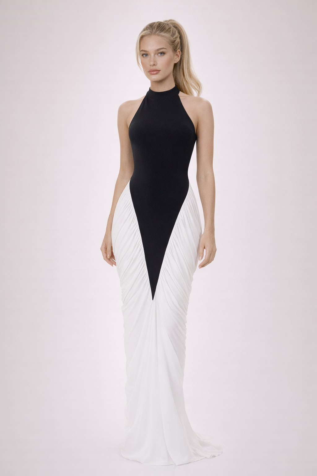 HARLOW DRESS — Halter Open-Back Contrast Maxi