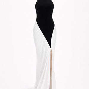 HARLOW DRESS — Halter Open-Back Contrast Maxi