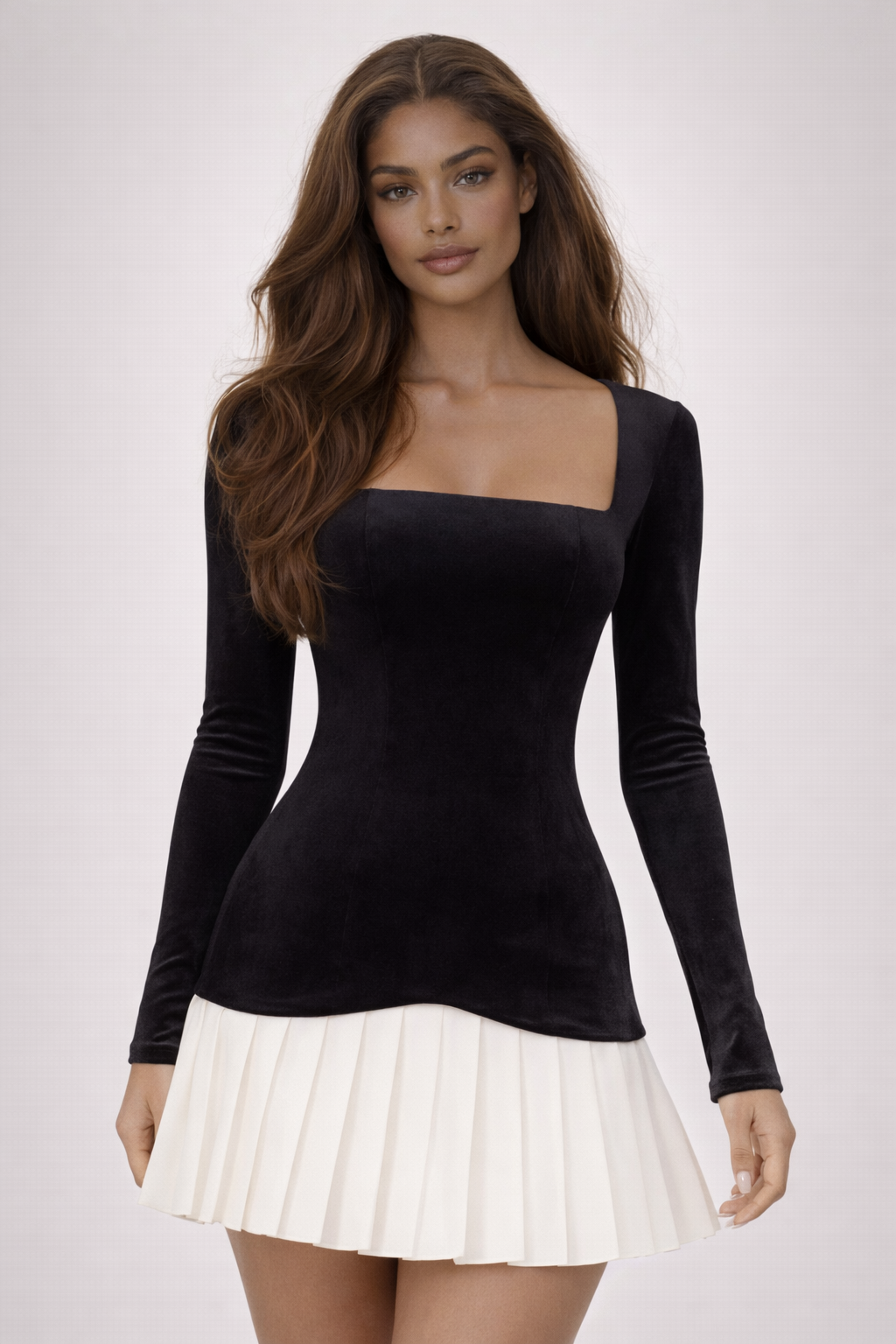 AVA MINI — Square-Neck Pleated Mini Dress