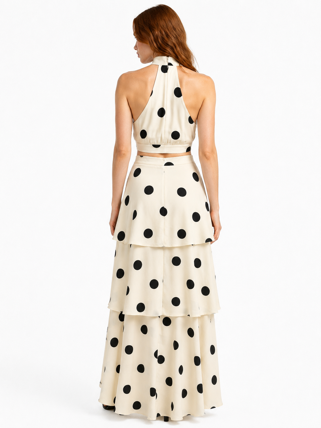 MARGAUX SET — Polka Dot Halter Top & Tiered Maxi Skirt