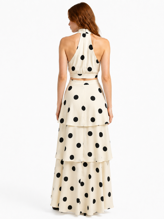 MARGAUX SET — Polka Dot Halter Top & Tiered Maxi Skirt