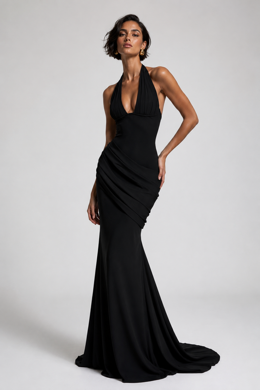 LYRA DRESS — Backless Halter Pleated Gown