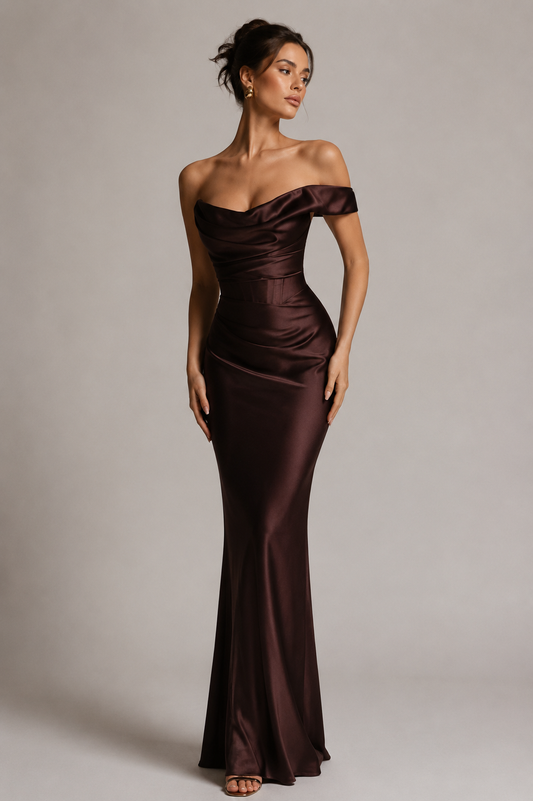 NOIR DRESS — Off-Shoulder Satin Corset Gown