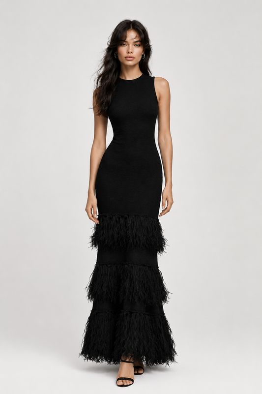 Raven Fringe Tier Midi Dress
