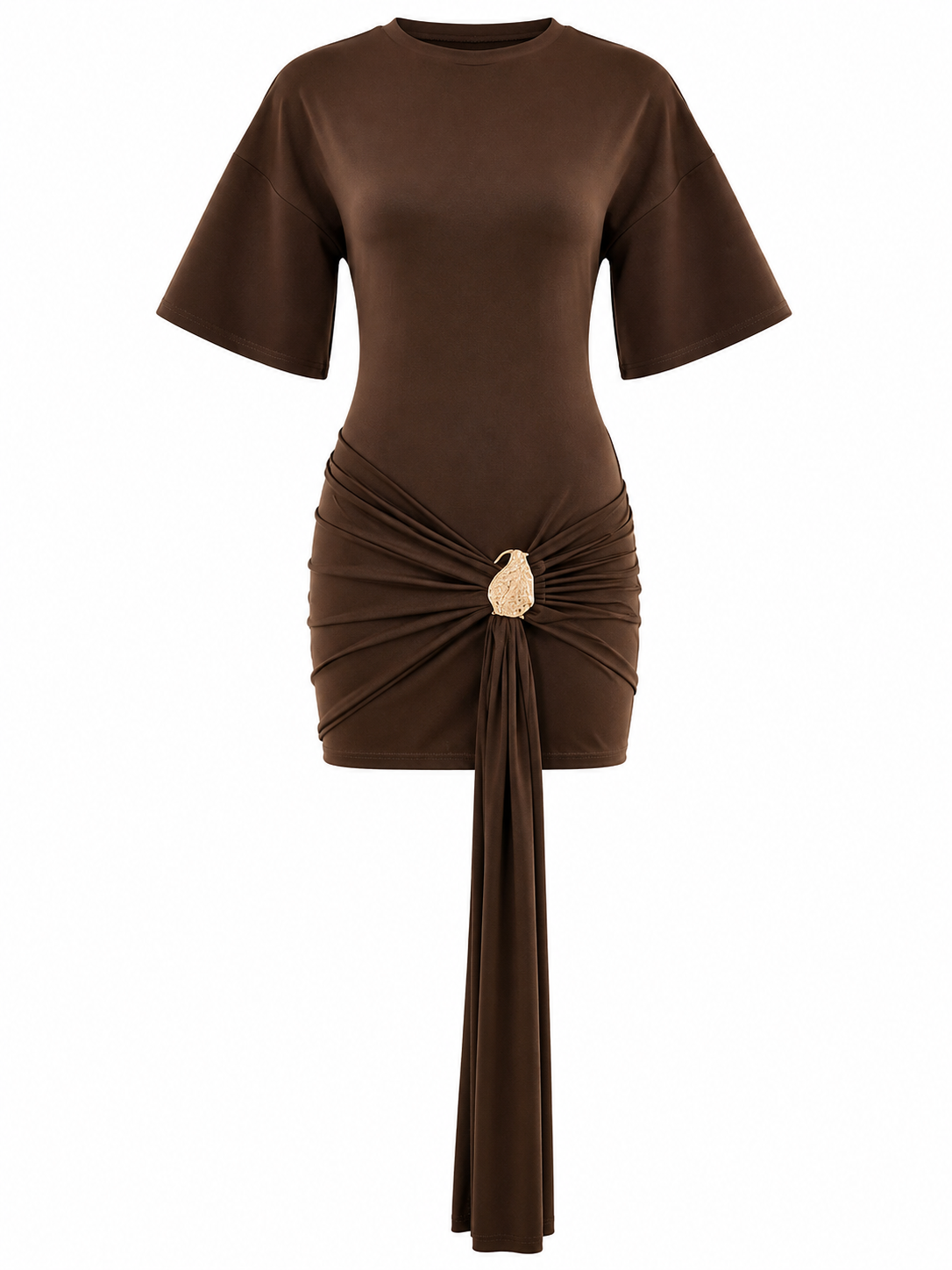 Tailliertes Kleid Mit Halben Ärmeln, Bindevolen Und Raffung In Der Taille