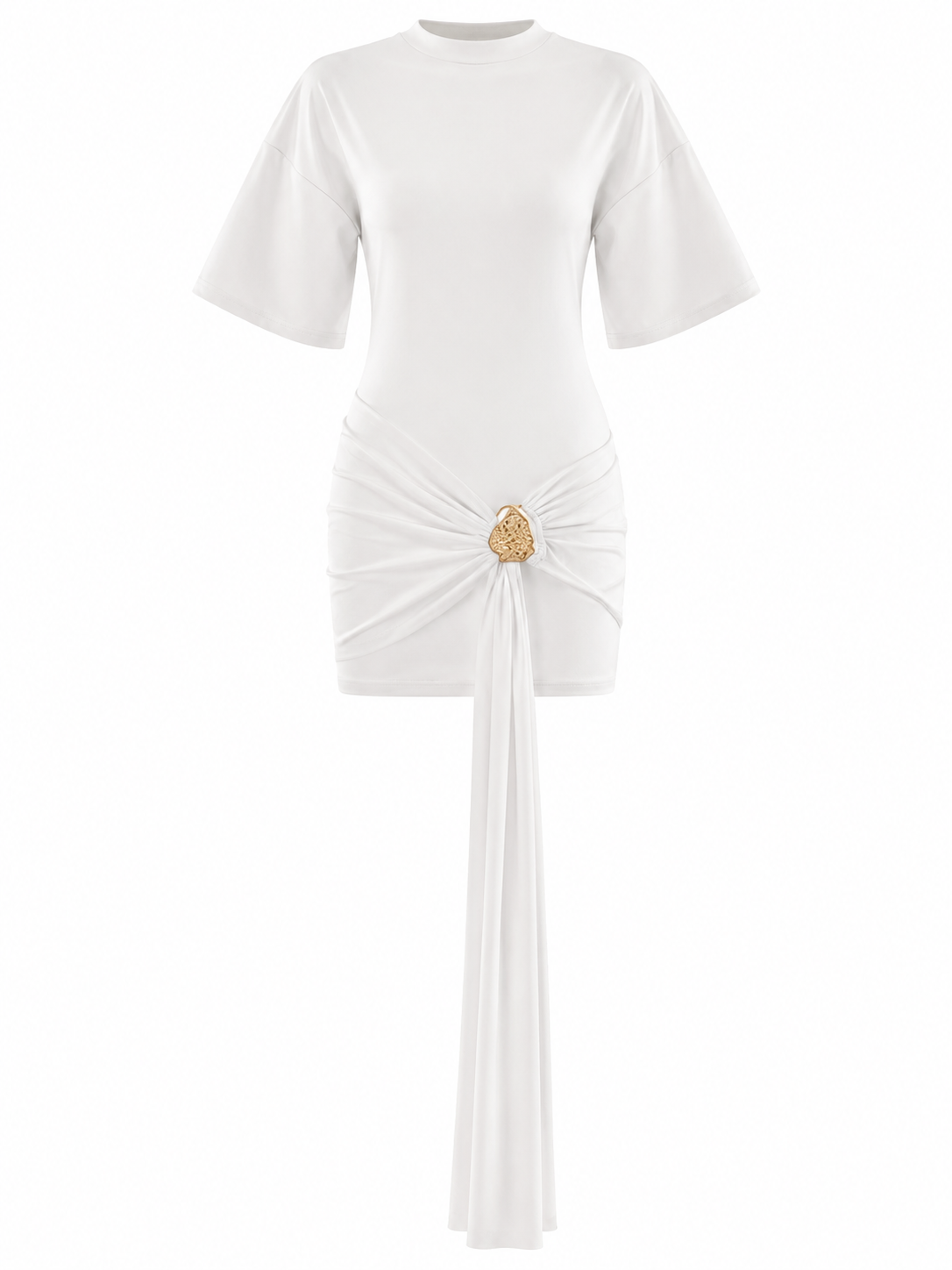 Tailliertes Kleid Mit Halben Ärmeln, Bindevolen Und Raffung In Der Taille