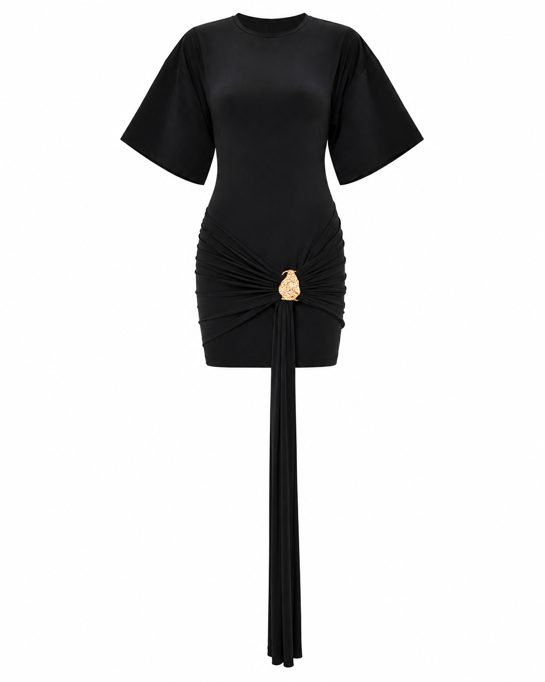 Tailliertes Kleid Mit Halben Ärmeln, Bindevolen Und Raffung In Der Taille