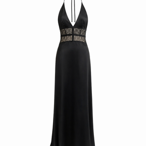 VALENCIA GOWN — Neckholder, tiefer V-Ausschnitt, Satin-Maxikleid mit Spitzentaille