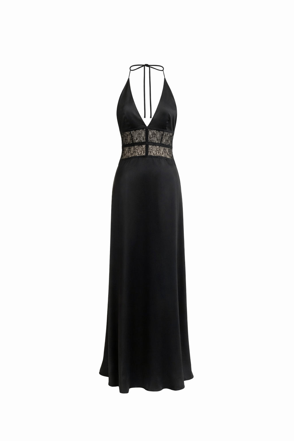 VALENCIA GOWN — Neckholder, tiefer V-Ausschnitt, Satin-Maxikleid mit Spitzentaille