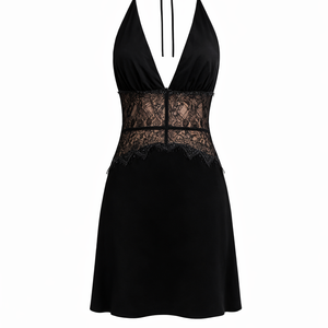 VALENCIA GOWN — Neckholder, tiefer V-Ausschnitt, Satin-Maxikleid mit Spitzentaille