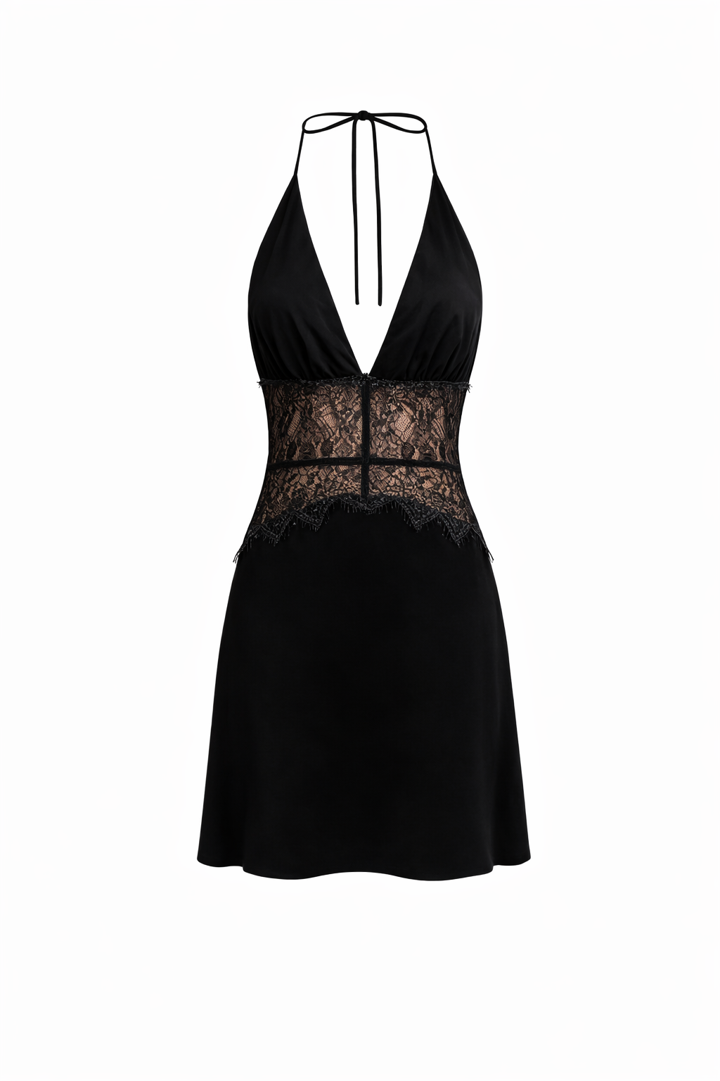 VALENCIA GOWN — Neckholder, tiefer V-Ausschnitt, Satin-Maxikleid mit Spitzentaille