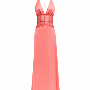 VALENCIA GOWN — Neckholder, tiefer V-Ausschnitt, Satin-Maxikleid mit Spitzentaille