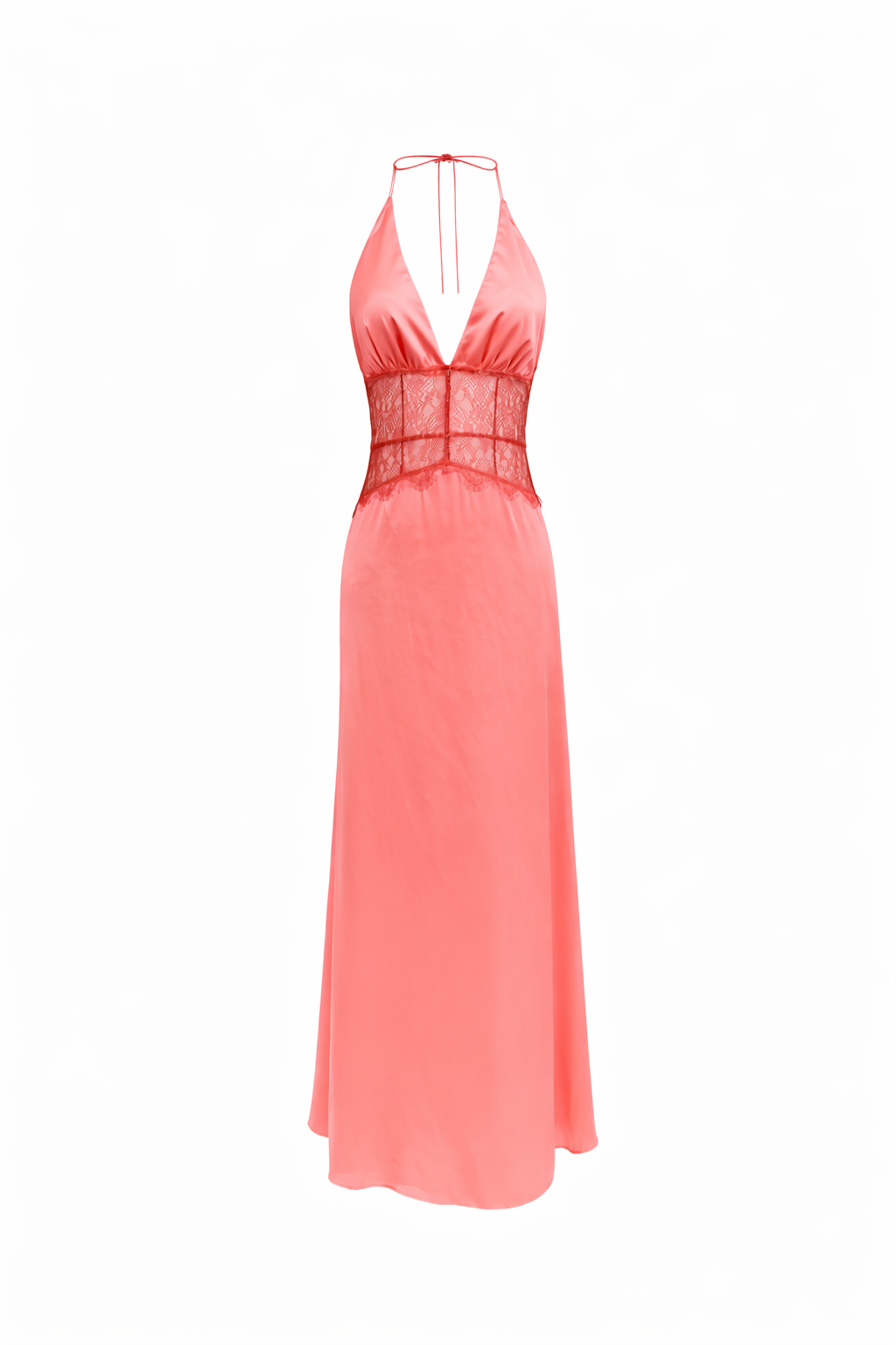 VALENCIA GOWN — Neckholder, tiefer V-Ausschnitt, Satin-Maxikleid mit Spitzentaille