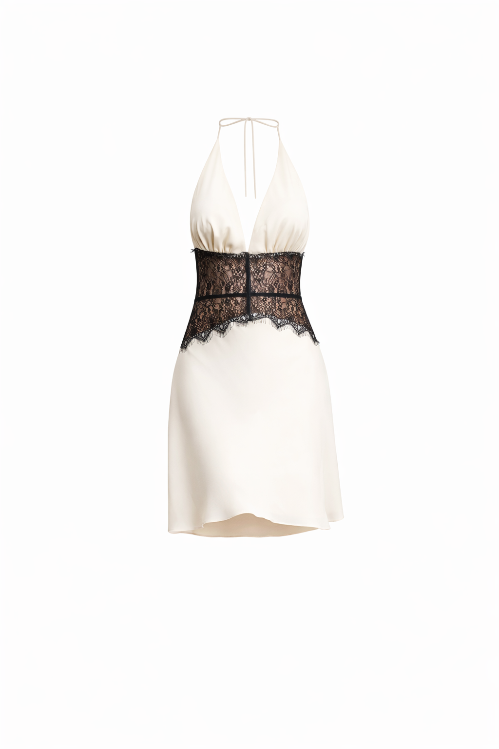 VALENCIA GOWN — Neckholder, tiefer V-Ausschnitt, Satin-Maxikleid mit Spitzentaille