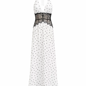 VALENCIA GOWN — Neckholder, tiefer V-Ausschnitt, Satin-Maxikleid mit Spitzentaille