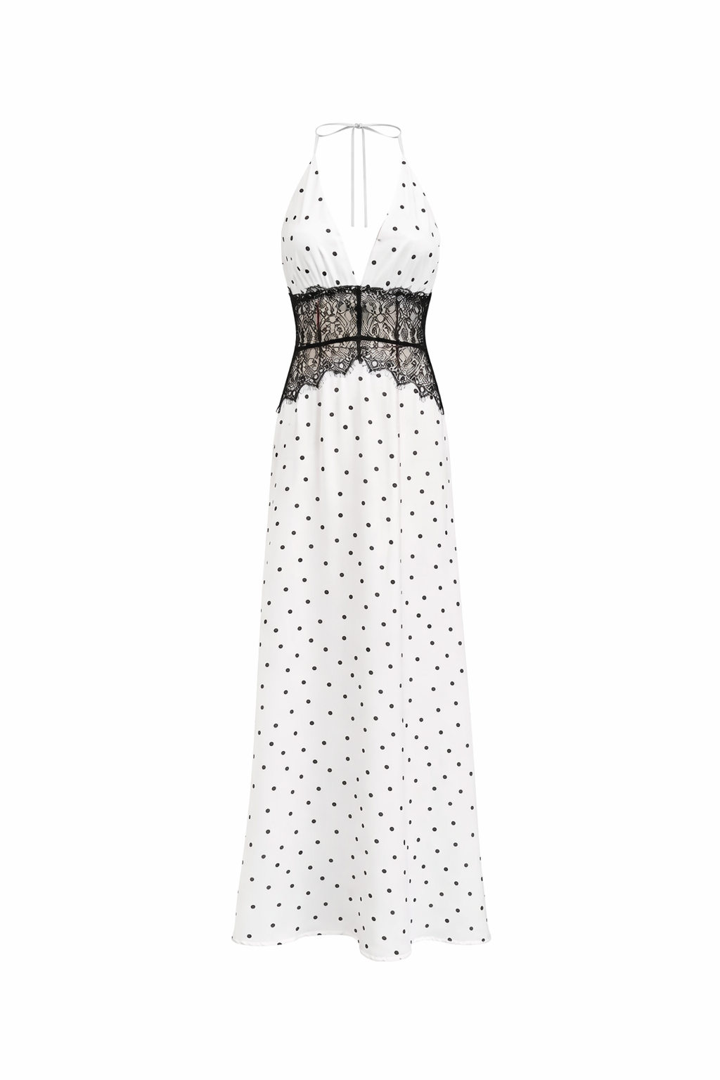 VALENCIA GOWN — Neckholder, tiefer V-Ausschnitt, Satin-Maxikleid mit Spitzentaille