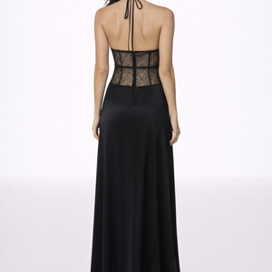 VALENCIA GOWN — Neckholder, tiefer V-Ausschnitt, Satin-Maxikleid mit Spitzentaille