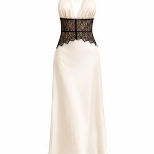 VALENCIA GOWN — Neckholder, tiefer V-Ausschnitt, Satin-Maxikleid mit Spitzentaille