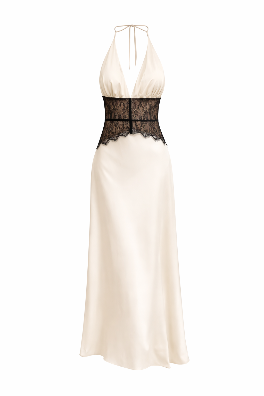 VALENCIA GOWN — Neckholder, tiefer V-Ausschnitt, Satin-Maxikleid mit Spitzentaille