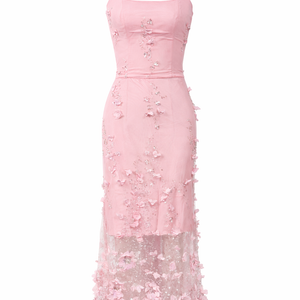 ROSALIND DRESS — Floral Appliqué Slip Maxi with High Slit