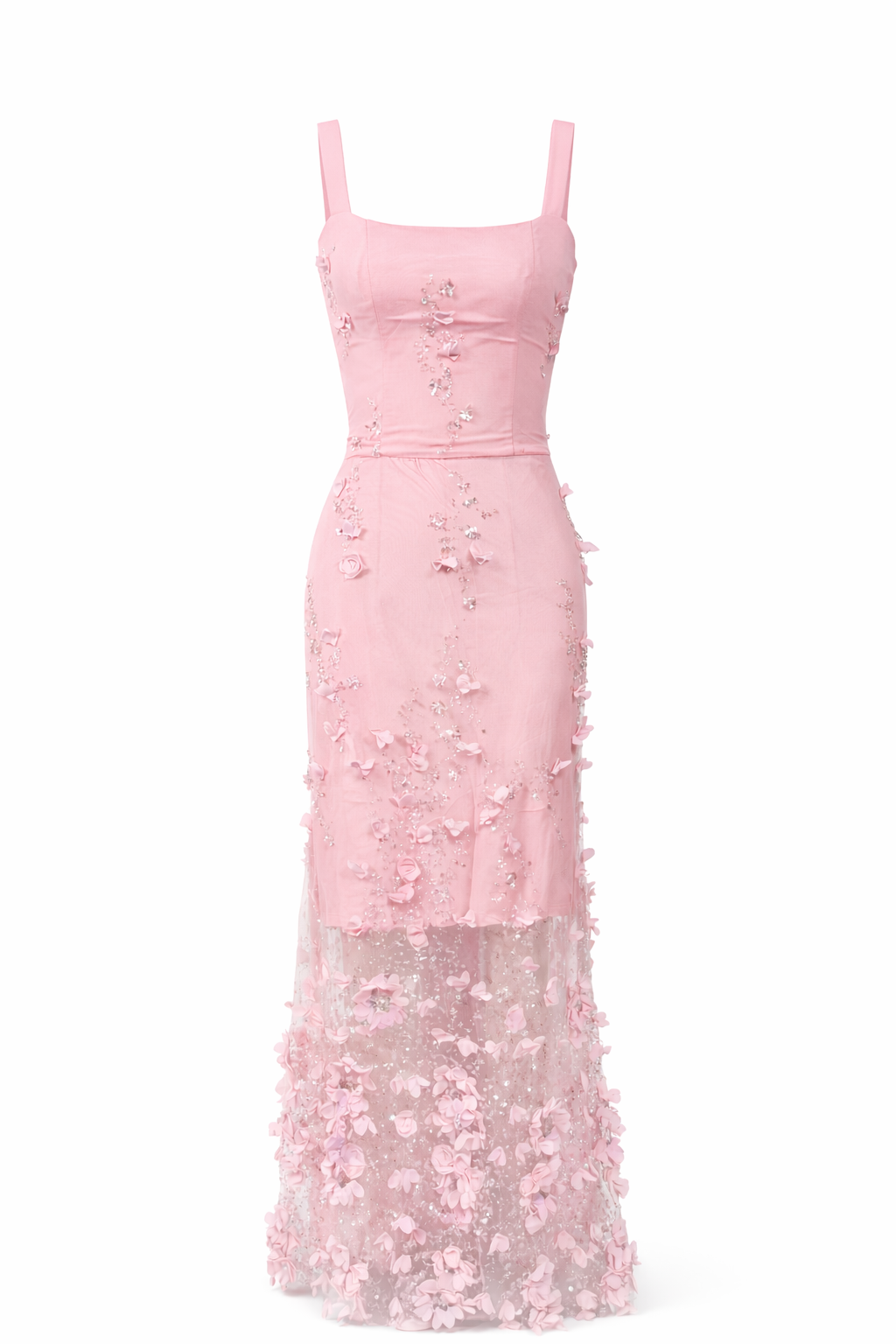 ROSALIND DRESS — Floral Appliqué Slip Maxi with High Slit