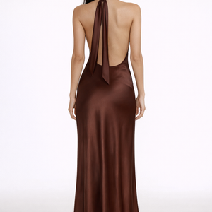 Schwarzes Neckholder-Satinabendkleid