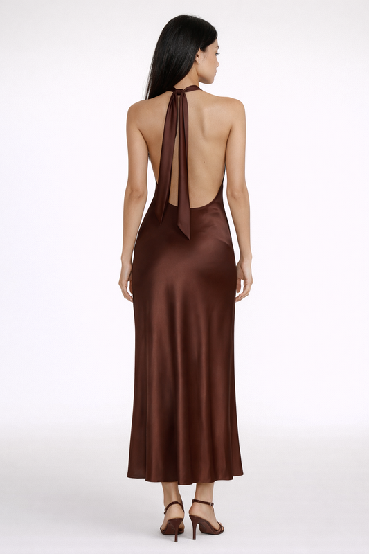 Schwarzes Neckholder-Satinabendkleid