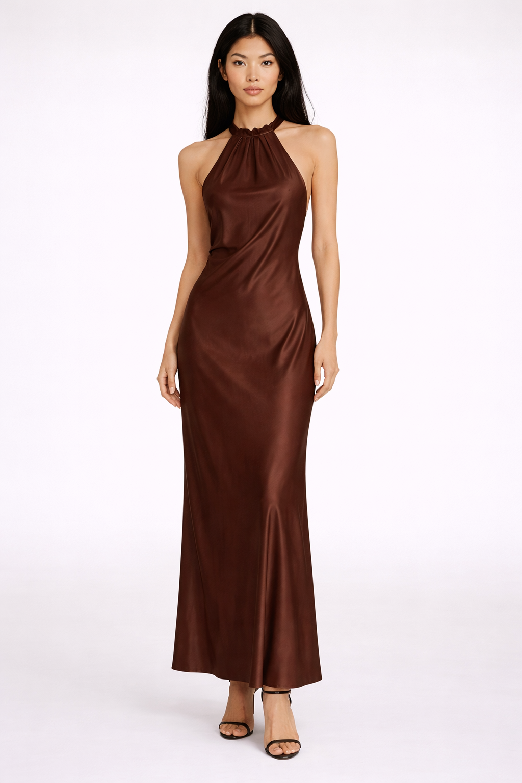 Schwarzes Neckholder-Satinabendkleid
