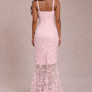 ROSALIND DRESS — Floral Appliqué Slip Maxi with High Slit