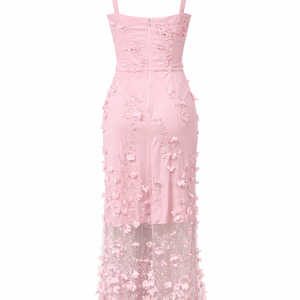 ROSALIND DRESS — Floral Appliqué Slip Maxi with High Slit