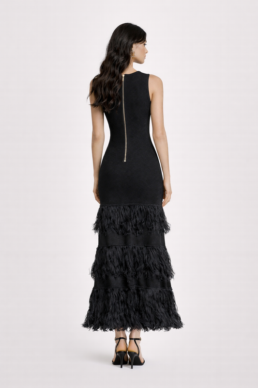 Raven Fringe Tier Midi Dress
