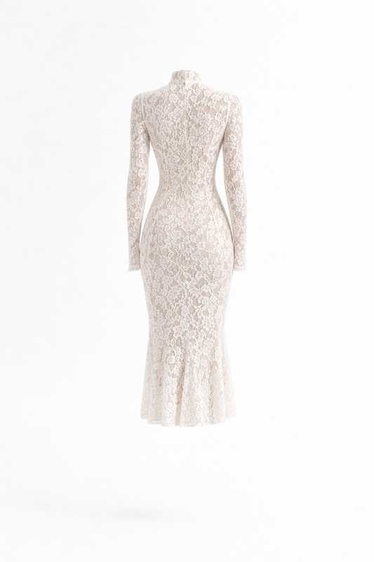 ELOISE DRESS — High-Neck Lace Midi with Ruffle Hem